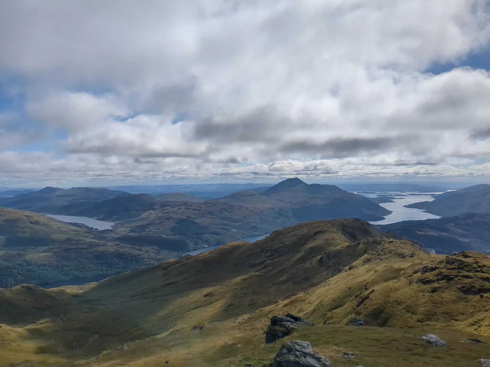 View south from Ben Vorlich — Loch Arklet(?), Loch Lomond, and Ben Lomond.